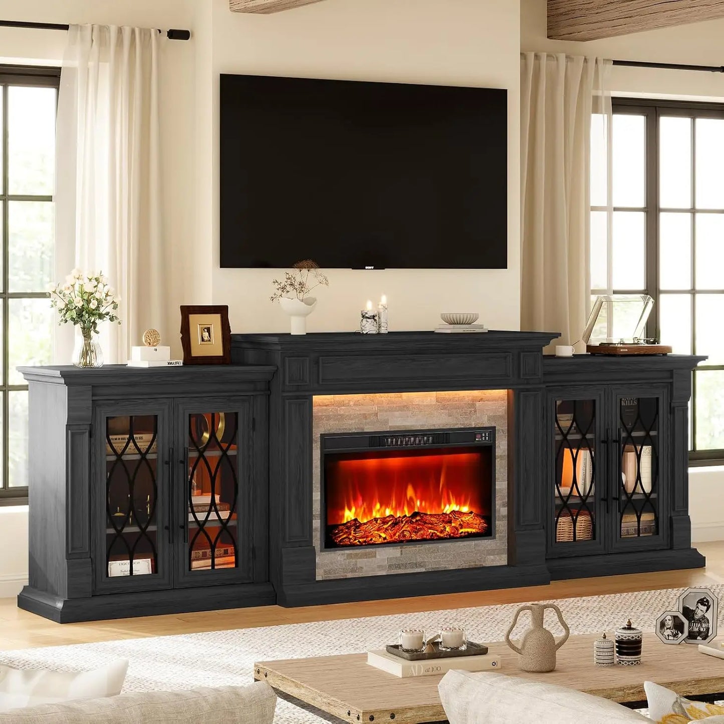Fireplace TV Stand Electric Mantel With Cabinets Tempered Glass Doors