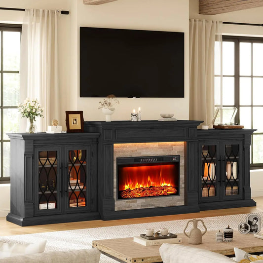 Fireplace TV Stand Electric Mantel With Cabinets Tempered Glass Doors