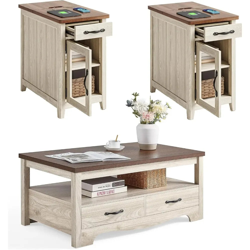 Farmhouse 3 Piece Coffee Table Set With Two End Tables