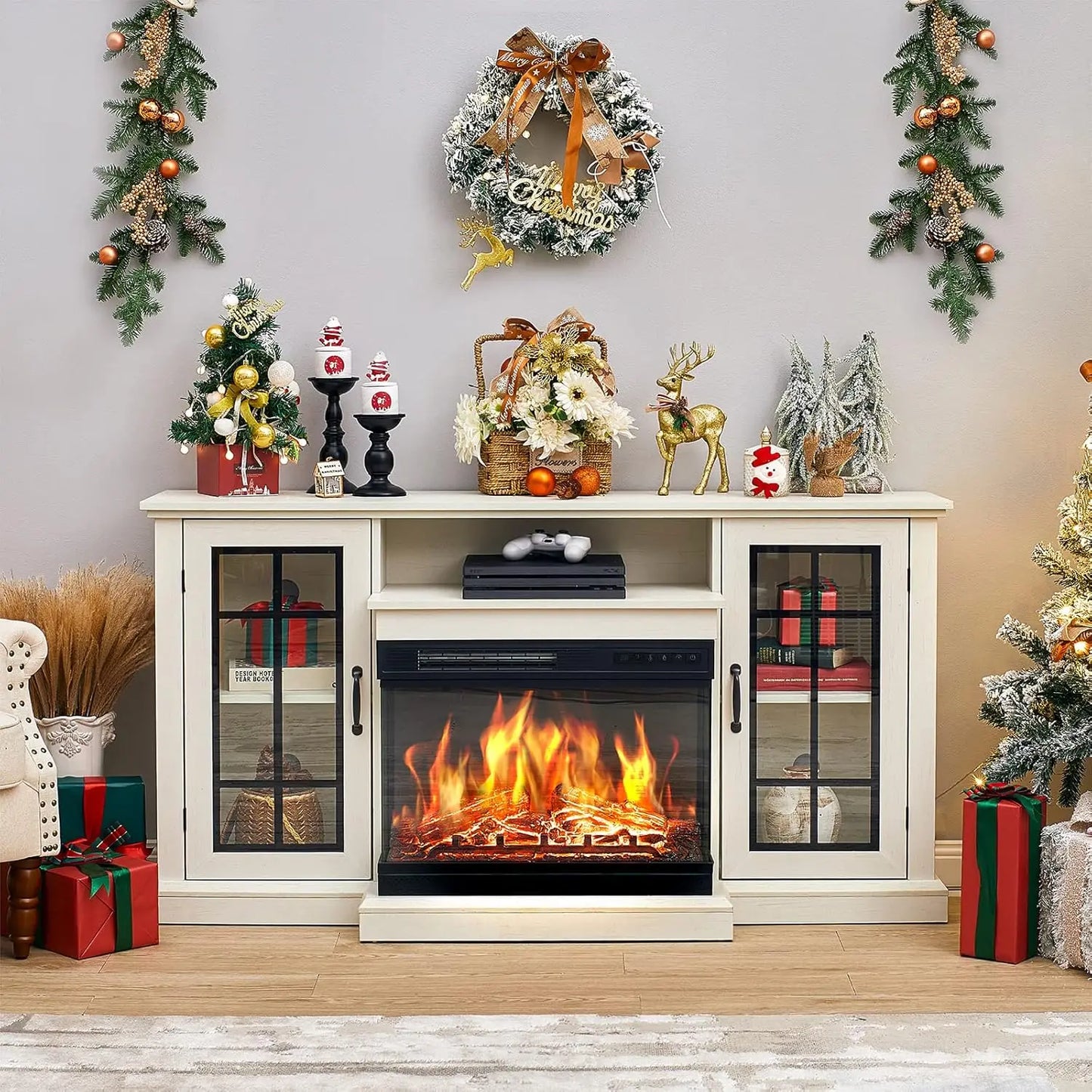 Three Sided Glass Fireplace TV Stand With Adjustable Flame Effects
