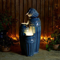 Large Outdoor Ceramic Fountain with LED Lights featuring three stacked vases and illuminated water flow.