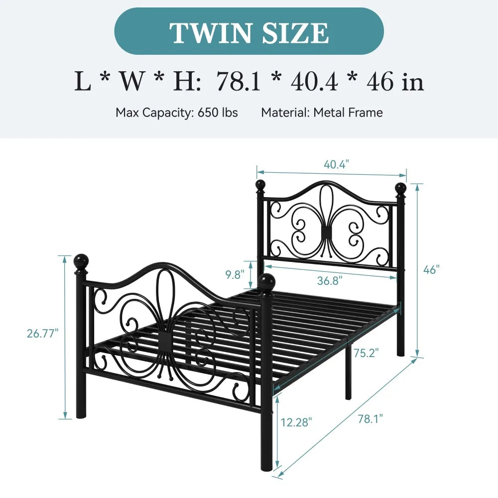 Kids Platform Bed Frame Metal With Butterfly Pattern Headboard Footboard