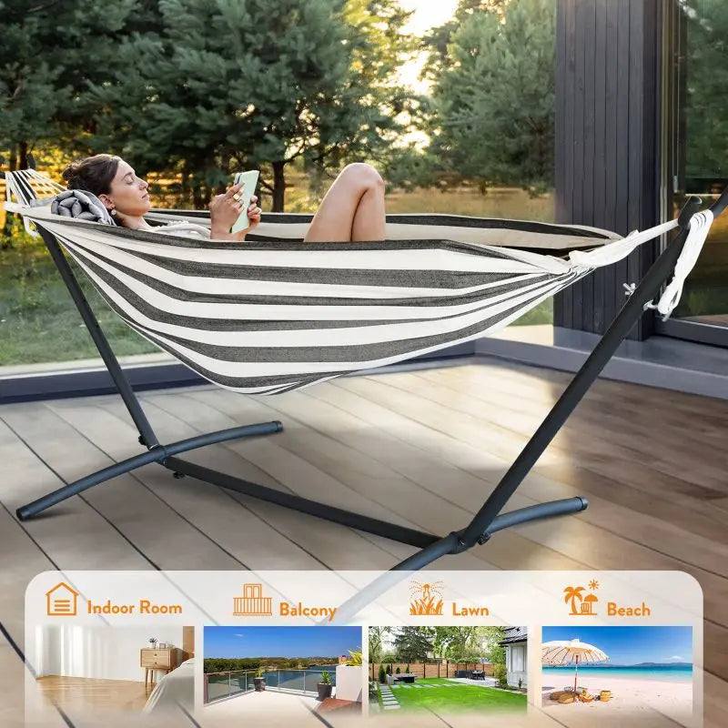 Durable cotton hammock for backyard patio lounging