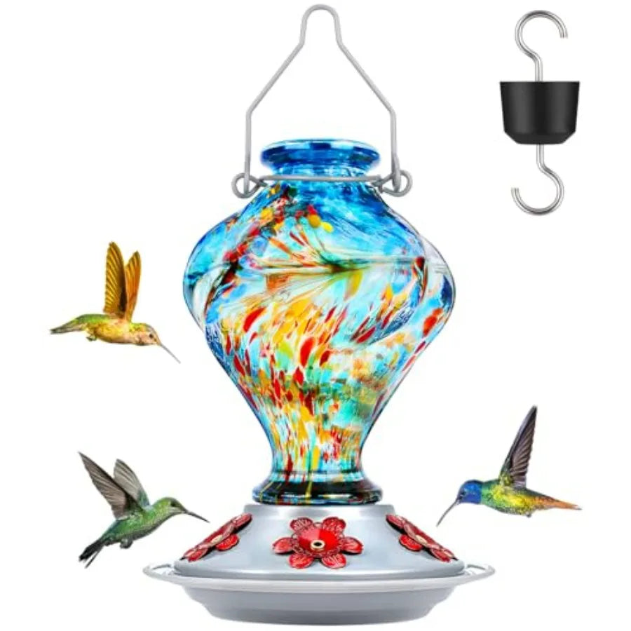 Hummingbird Feeder, Hand Blown Glass Hummingbird Feeders for Outdoors Hanging with Ant Moat, 5 Bee-Proof Ports, Leak-Proof, 360