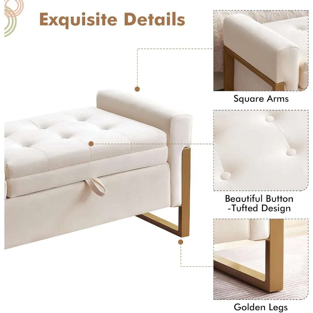 Velvet Storage Bench With Golden Legs For Bedroom Storage