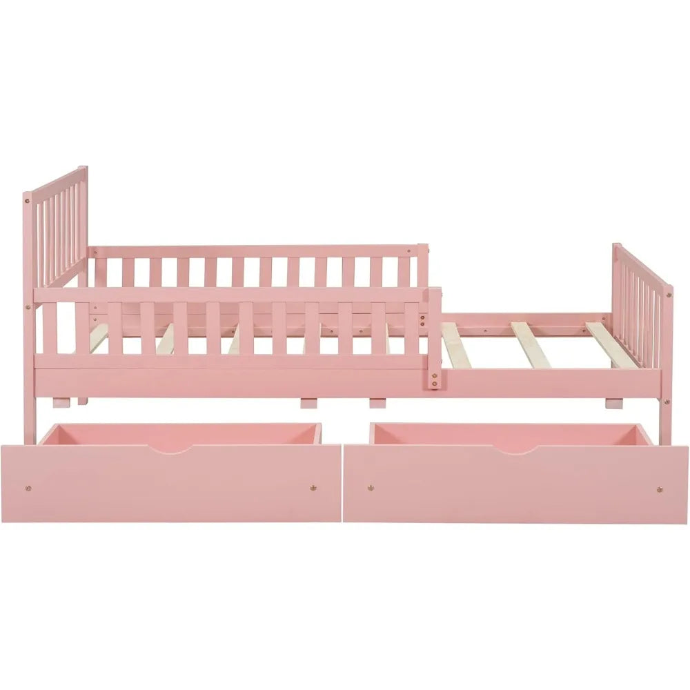 Kids Twin Bed With Guardrails Headboard Footboard And Drawers