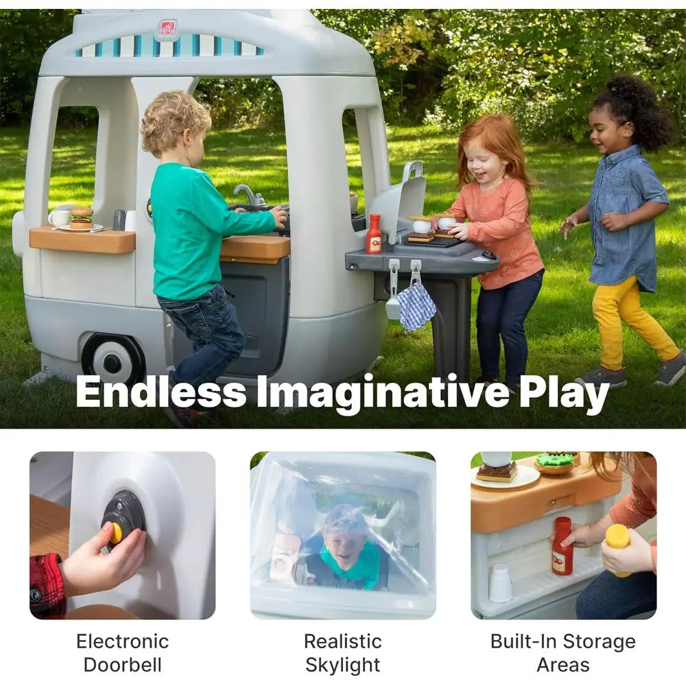 Step 2 Adventure Camper Playhouse: Outdoor/Indoor Kids Playset with Kitchen, Doorbell, 52 Accessories, Durable for Ages 2+