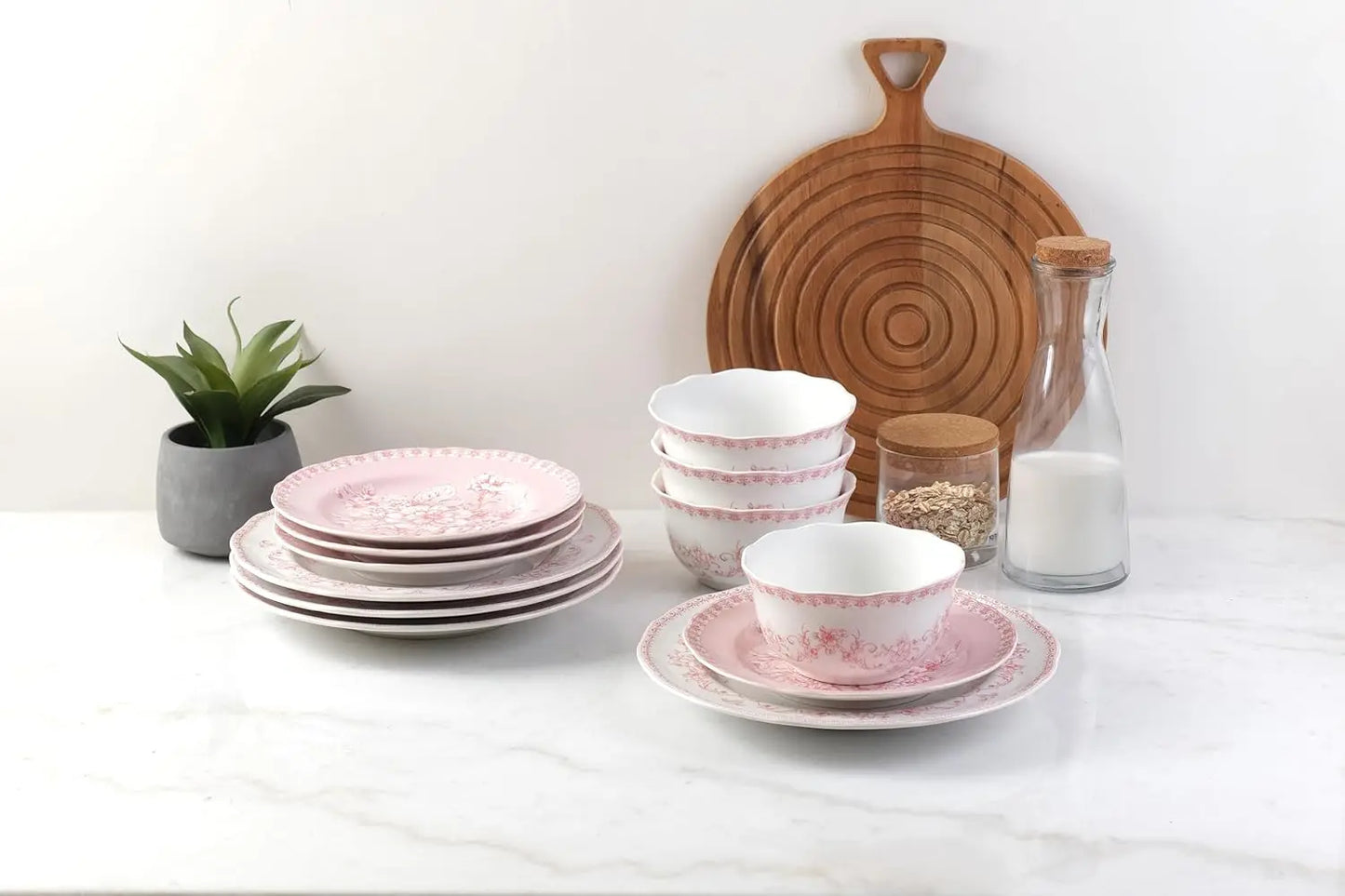12-Piece Pink Porcelain Dinnerware Set | Microwave and Dishwasher Safe Big Dinner Plates and Bowls Sets for 4 | Chip-Res