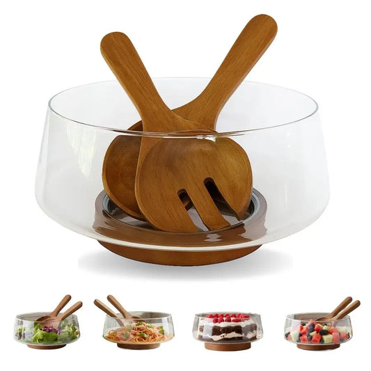 Glass Salad Bowl Set with Acacia Wood Base amp Salad Servers Elegant Serving Bowl for Salads, Pasta, Fruit amp Snacks EasyClean