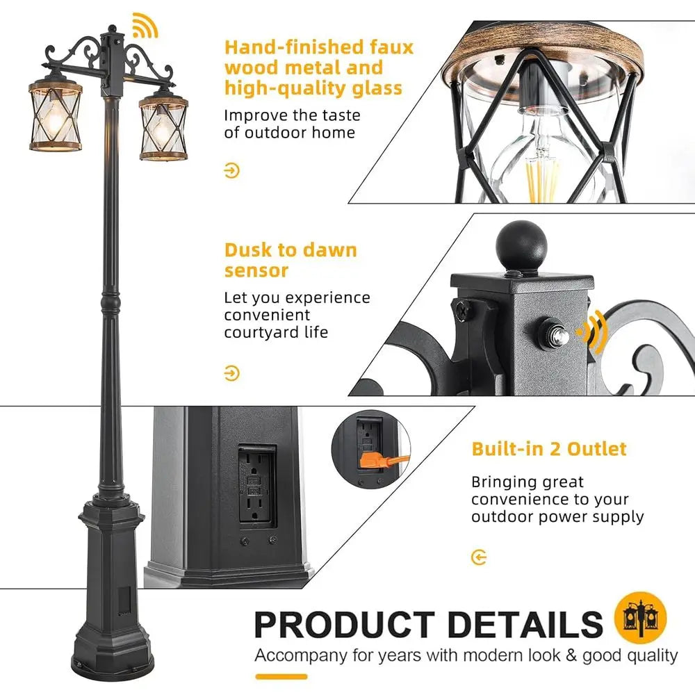 Dusk to Outdoor Lamp Post Lights with Outlet,Double-armhouse Street Light ixture,Black Pole Exterior Lights, Waterproo Lantern O