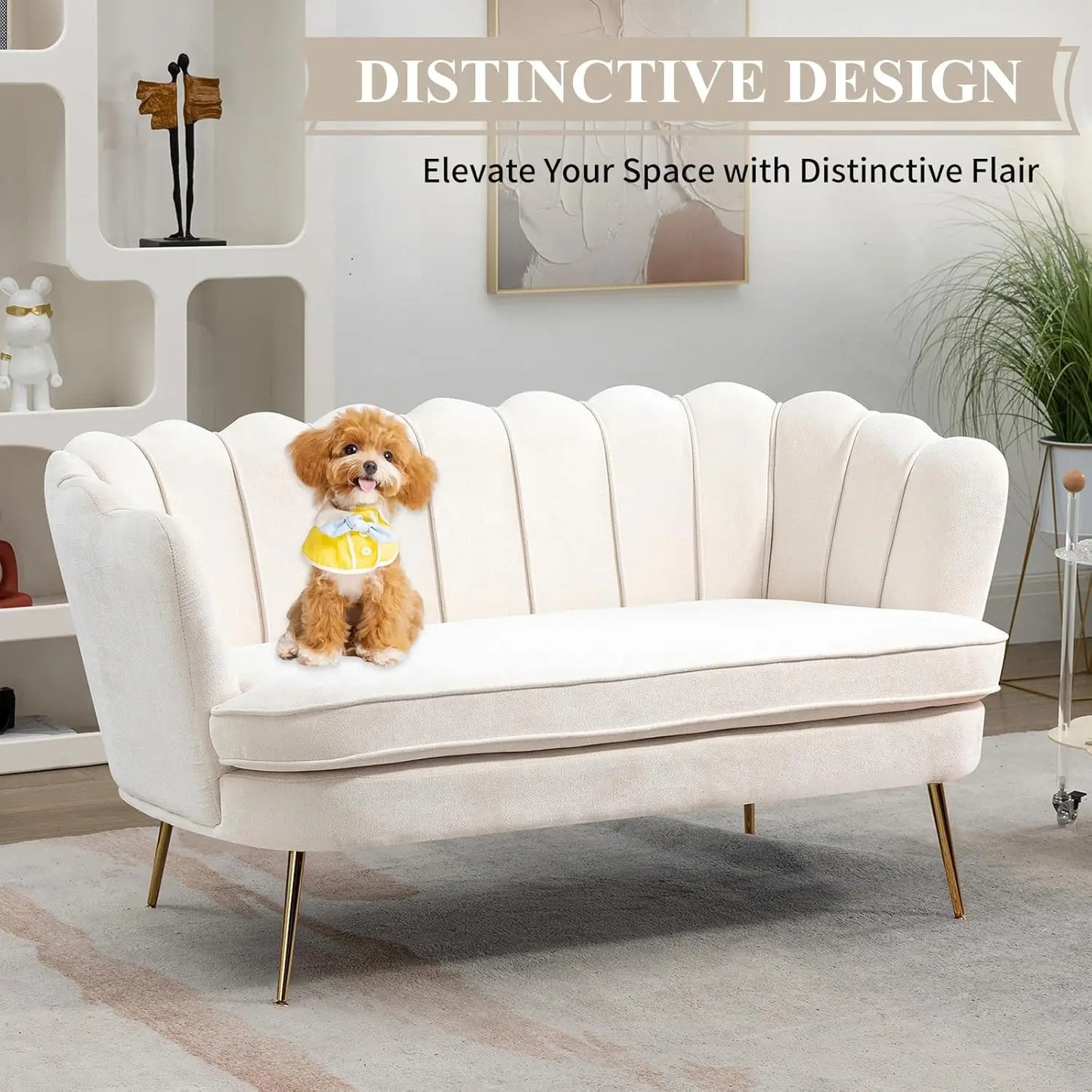 Chenille Upholstered Loveseat With Gold Metal Legs Petal Design