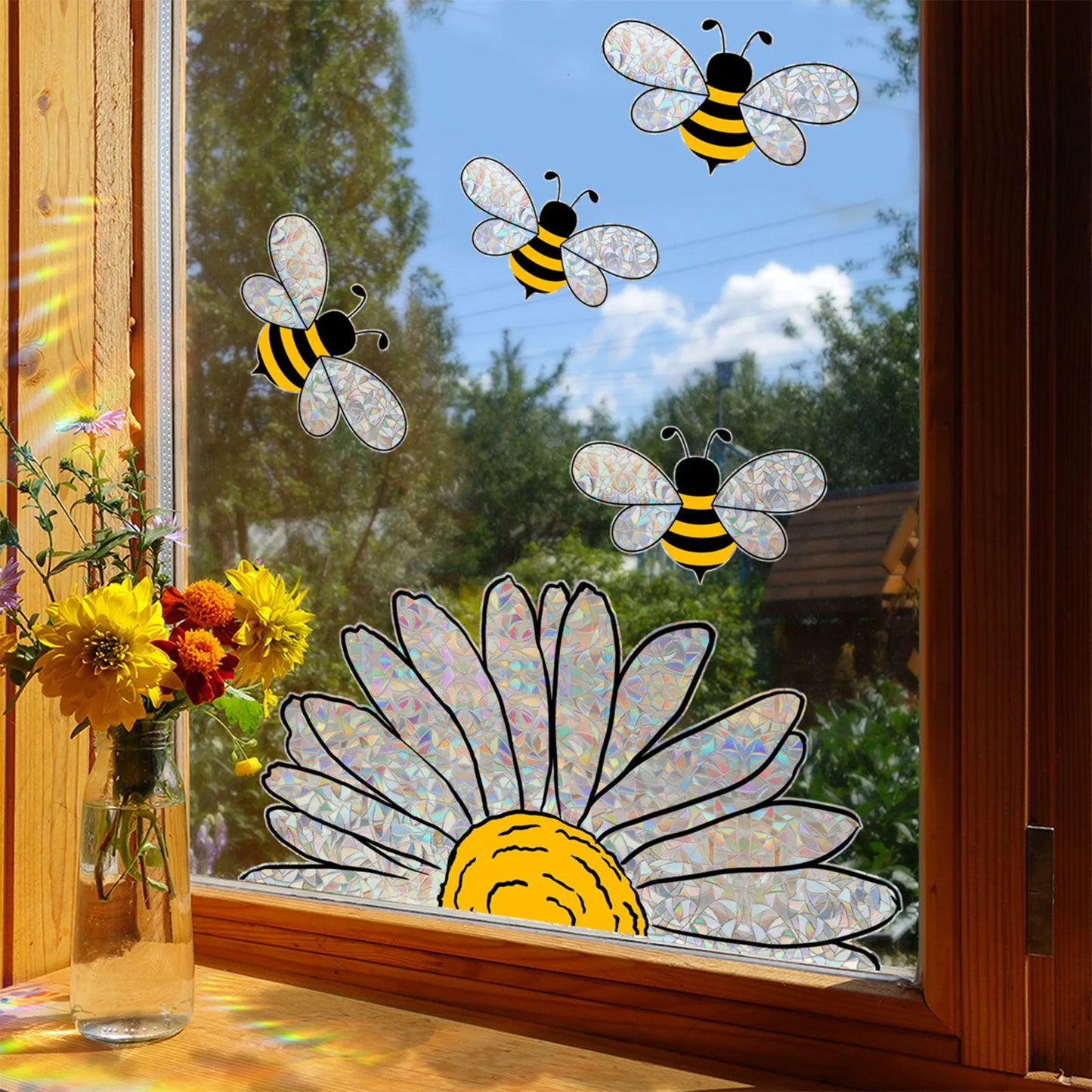 Sunflower Bee Window Stickers Static Cling Glass Decals Home Decor