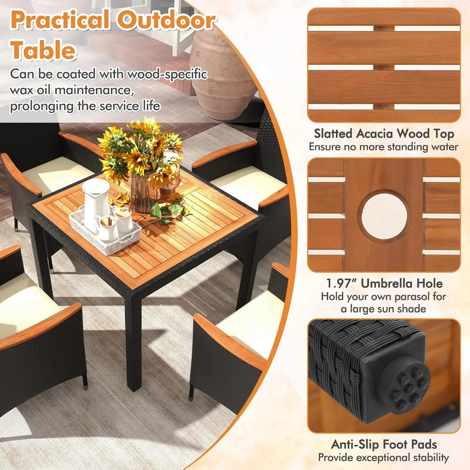 Modern rattan garden furniture set placed in a lush green backyard with soft lighting.