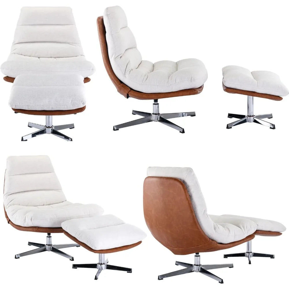 RBXC Modern Swivel Accent Chair With Ottoman Set Linen Upholstered