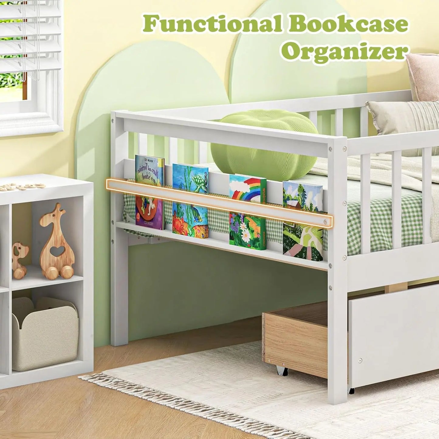 Wood Montessori Kids Bed With Storage Drawers And Rails Daybed