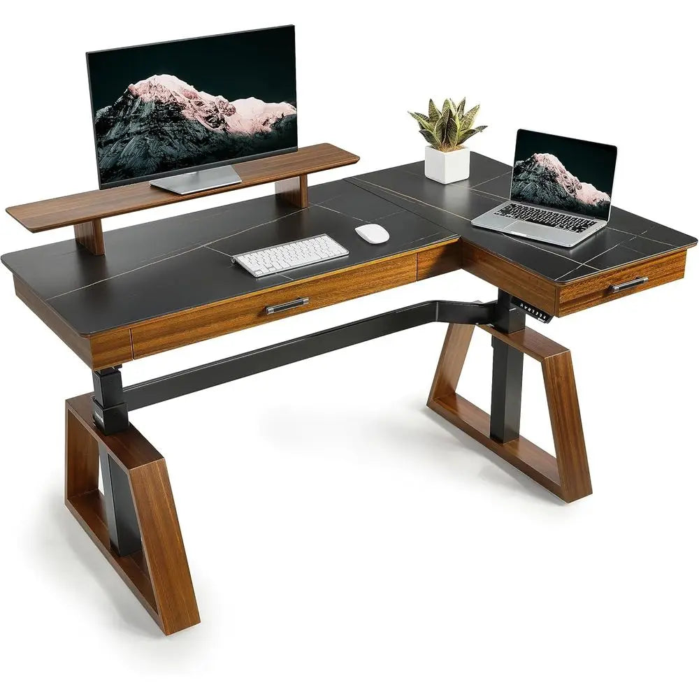 Electric Standing Desk with Dual Drawers,63 Inche Executive Desk,Height Adjustable L-Shaped Office Desk, Computer Workstations w
