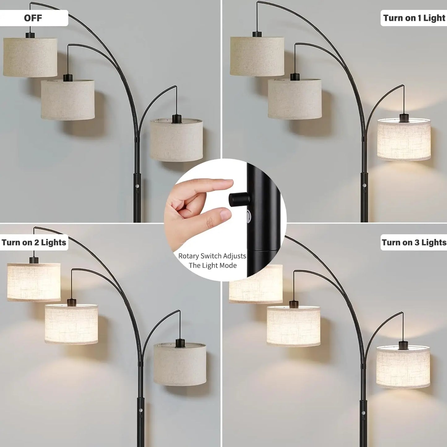 Three Light Arc Floor Lamp with Rotatable Shades for Living Room