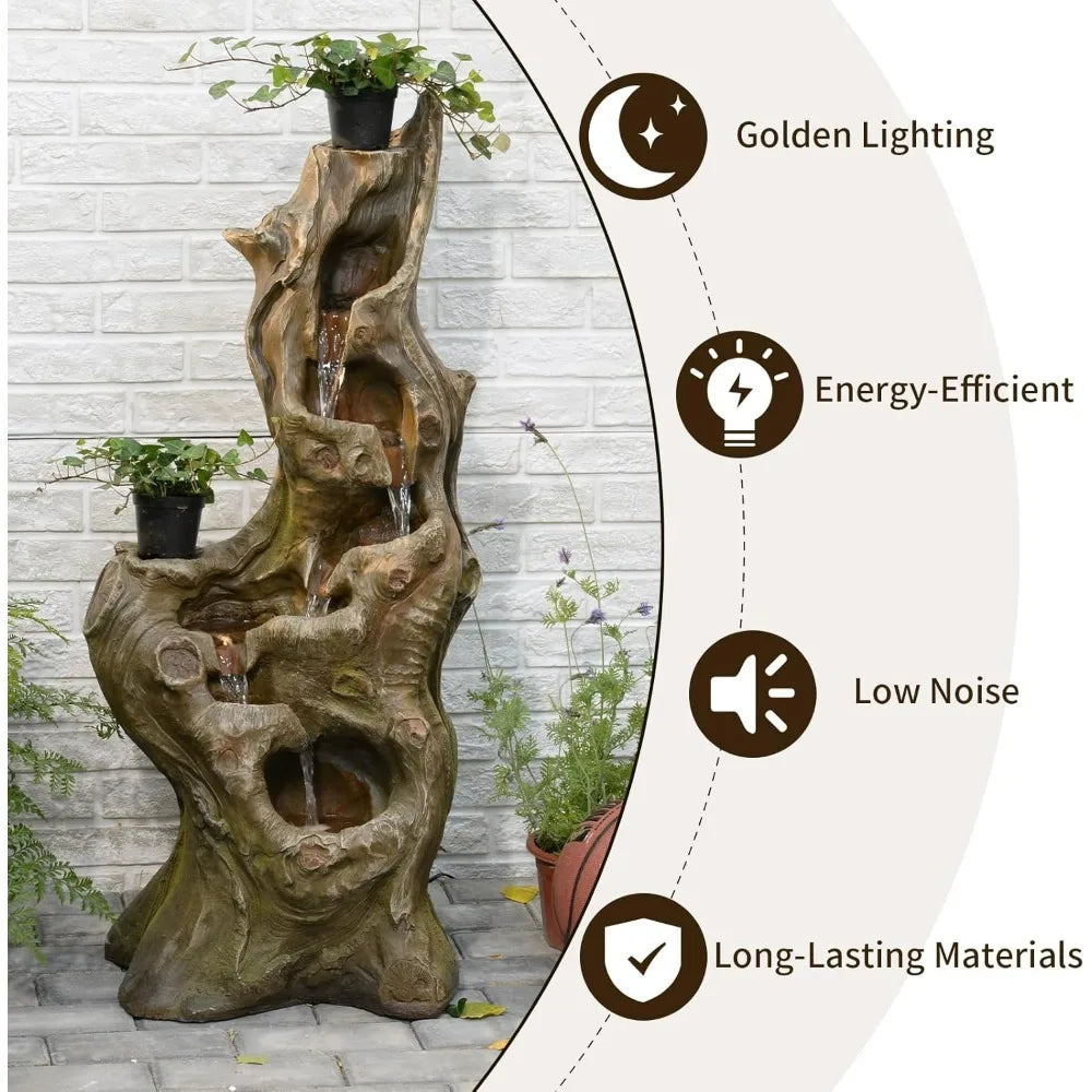 Water Fountain Outdoor 5-Tiers Large Cascading Realistic Tree Trunk Natural Waterfall Outdoor Fountain Resin Imitation Wood with