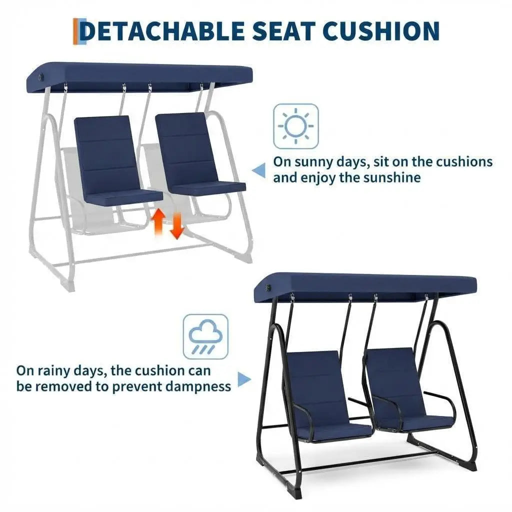 2 Person Outdoor Swing Chair Adjustable Canopy, Heavy Duty Porch Glider, Removable Cushions, Patio Swing For Garden Poolside