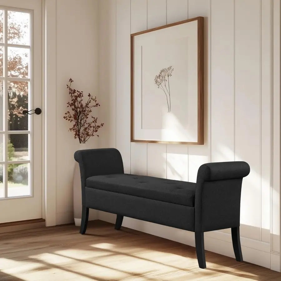 Storage Bench For Entryway With Linen Upholstery And Rolled Arms