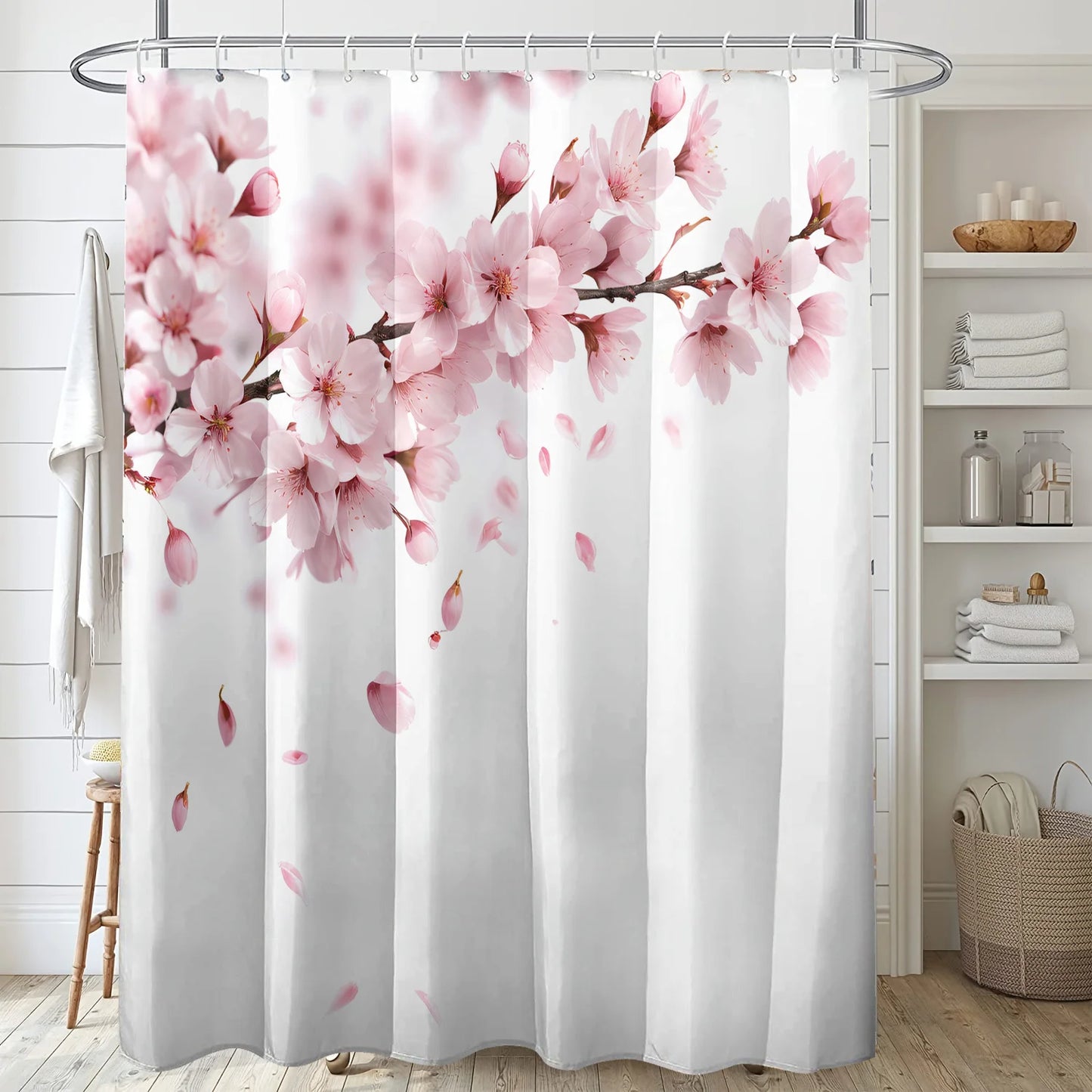 Pink Floral Branch Shower Curtain with Hooks Polyester Machine Washable Bathroom Decor multiple sizes All Season Use