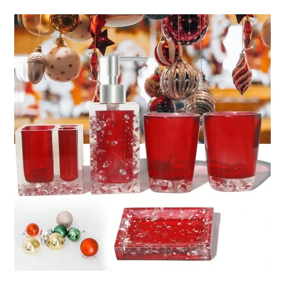 Resin Bathroom Accessory Set With Soap Dish Dispenser Toothbrush Holder And Tumbler Red
