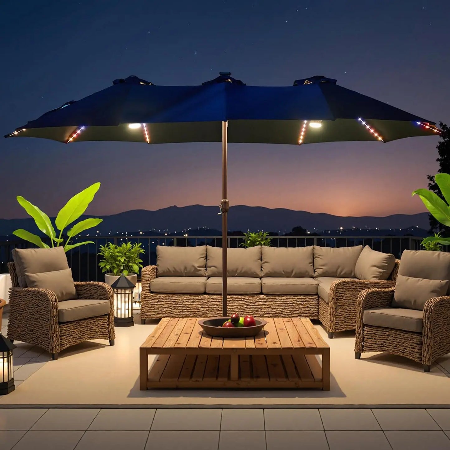 15 ft Large Patio Umbrella with Color Changing Lights,UPF50 Outdoor Table Umbrella with Solar Lights and, Customized