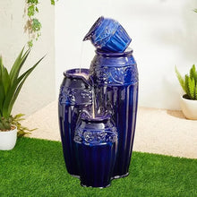 Large Outdoor Ceramic Fountain with LED Lights featuring three tiers, blue ceramic design, and cascading water effect.