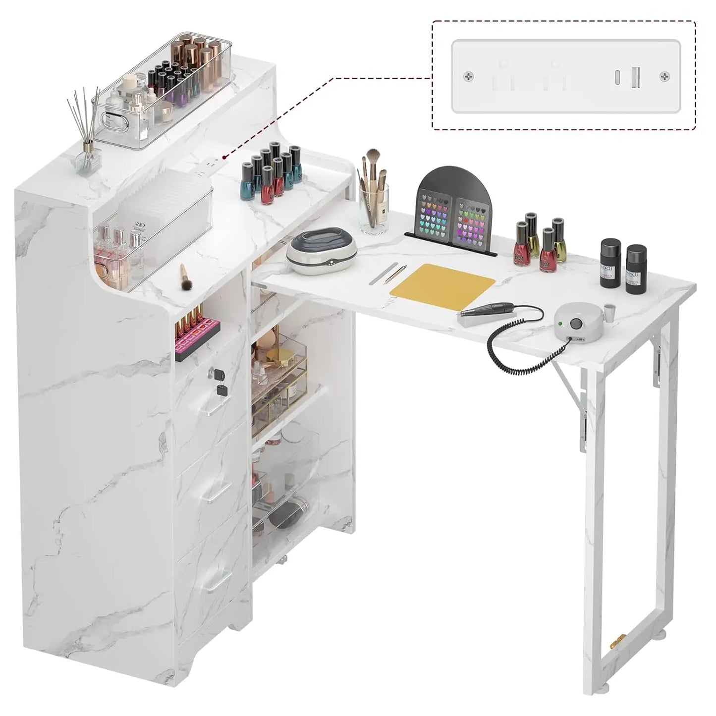 Nail Desk for Nail Tech, L Shape Foldable Manicure Table with Cabinet Drawer & Built-in Charging Station, Portable, Customized