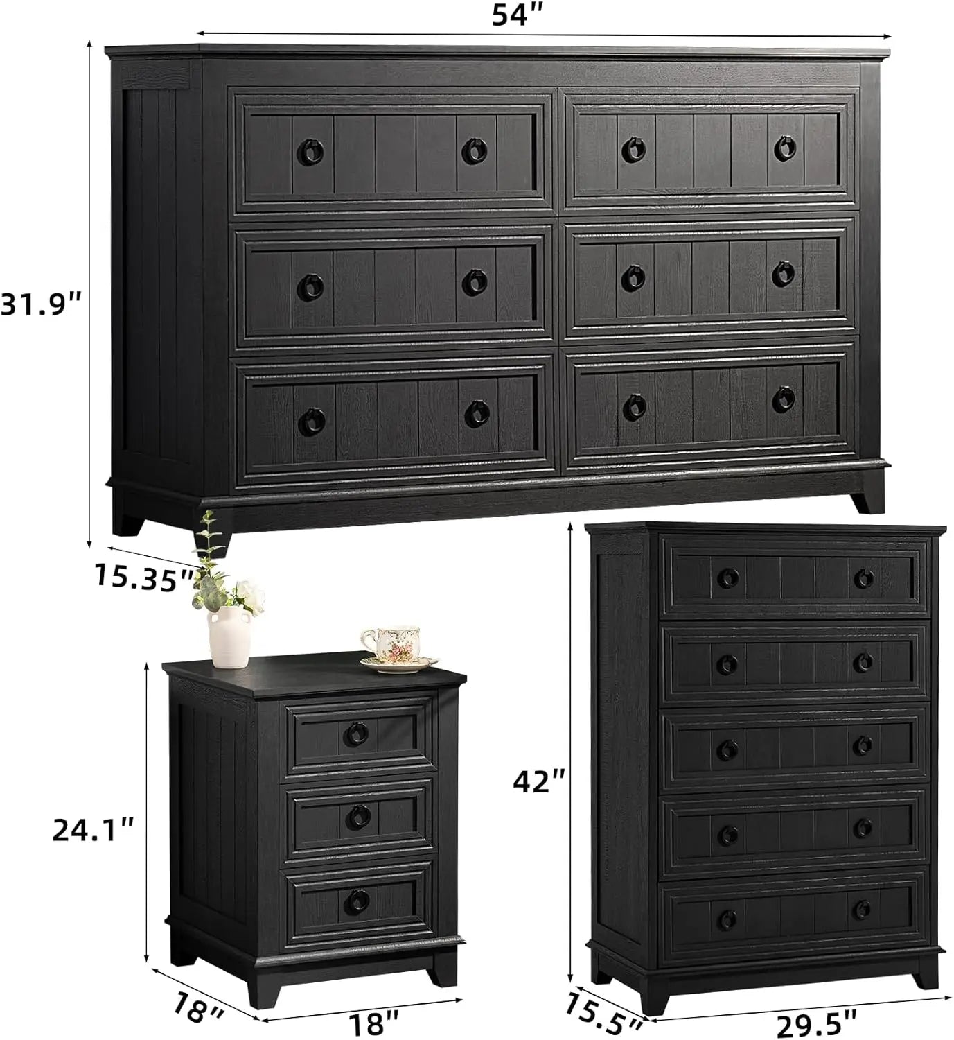 Bedroom Dresser and Nightstand Sets 4 Piece,18" Nightstands Set of 2, 54" Wide Furniture Dressers for Bedroom,Living Room, Black
