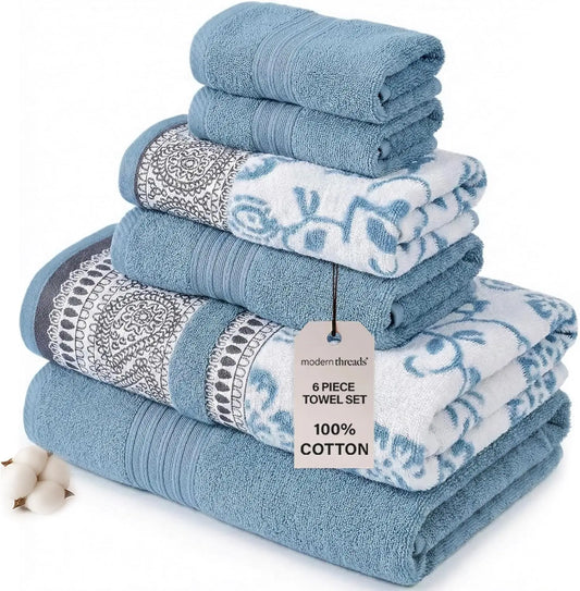 6-Piece Jacquard Towel Set: 2 Bath, 2 Hand, 2 Washcloths in Ophelia Blue - Modern Threads
