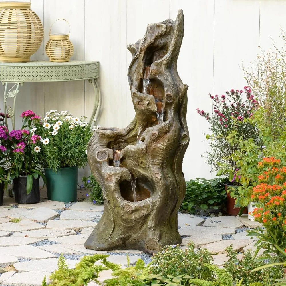 Water Fountain Outdoor 5-Tiers Large Cascading Realistic Tree Trunk Natural Waterfall Outdoor Fountain Resin Imitation Wood with