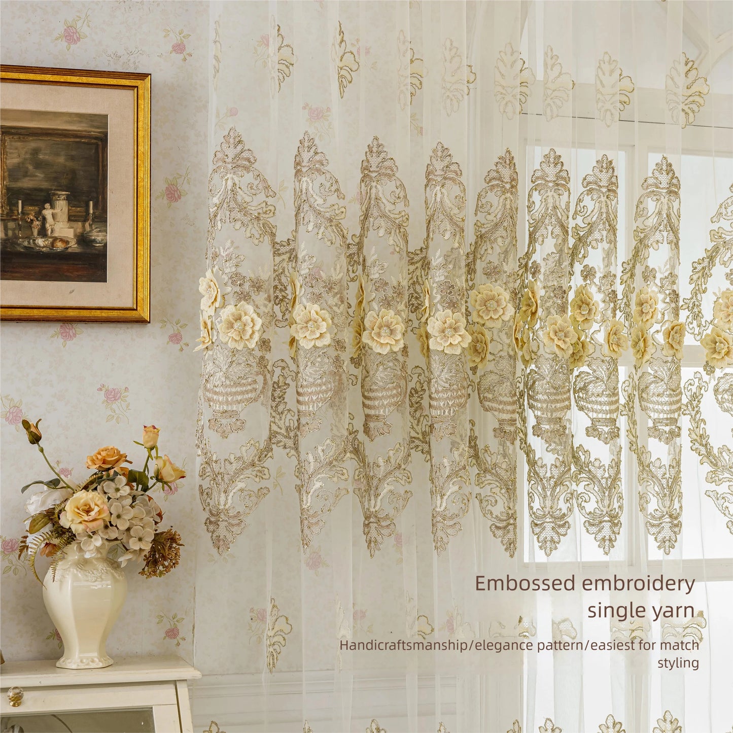 Luxurious 3D Embroidered Translucent Gauze Curtain For Bedroom