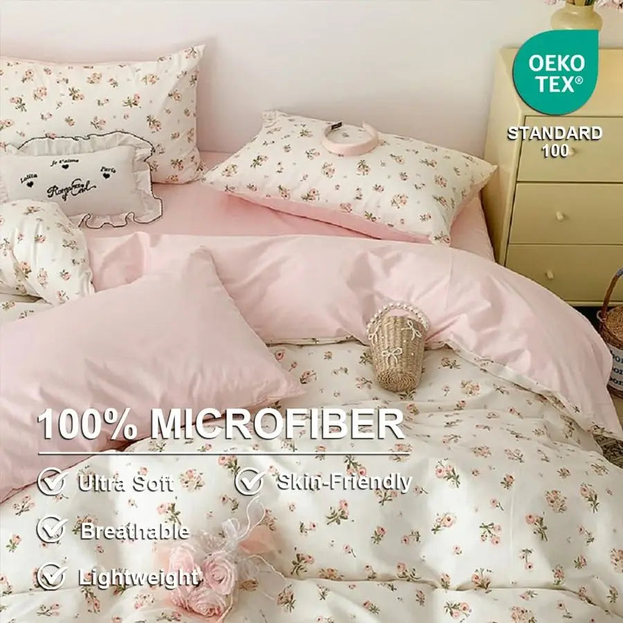 Duvet Cover Set Queen Size,Pink Floral Flowers Bedding Duvet Cover Queen with Zipper Closure,Reversible Comforter Duvet Cover an