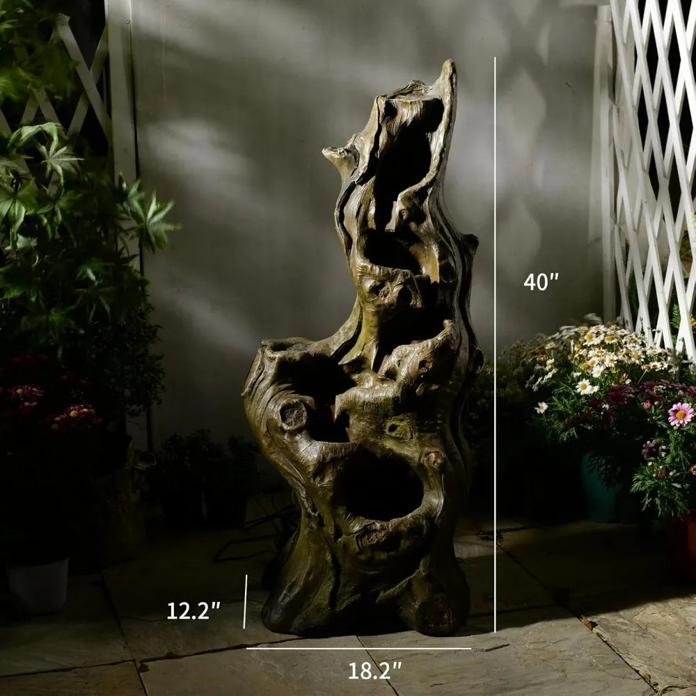 Water Fountain Outdoor 5-Tiers Large Cascading Realistic Tree Trunk Natural Waterfall Outdoor Fountain Resin Imitation Wood with