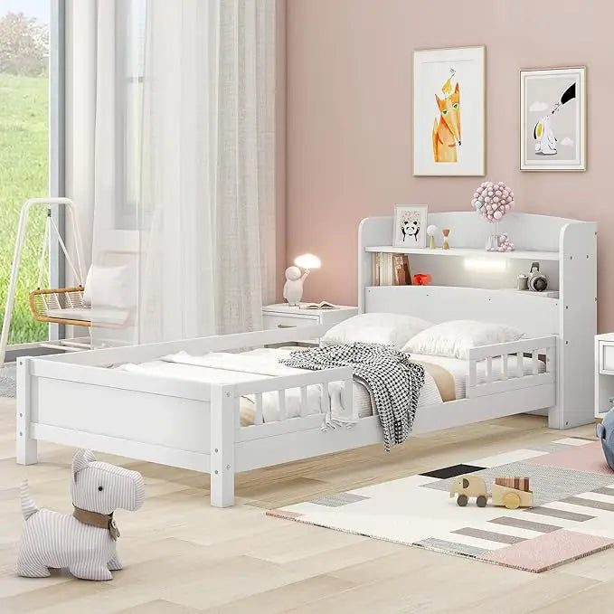 Kids Twin Bed With Guardrails Headboard Footboard And Drawers