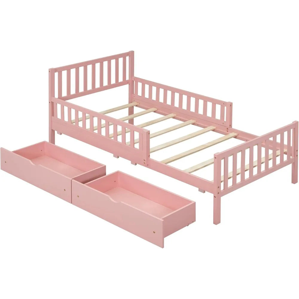 Kids Twin Bed With Guardrails Headboard Footboard And Drawers