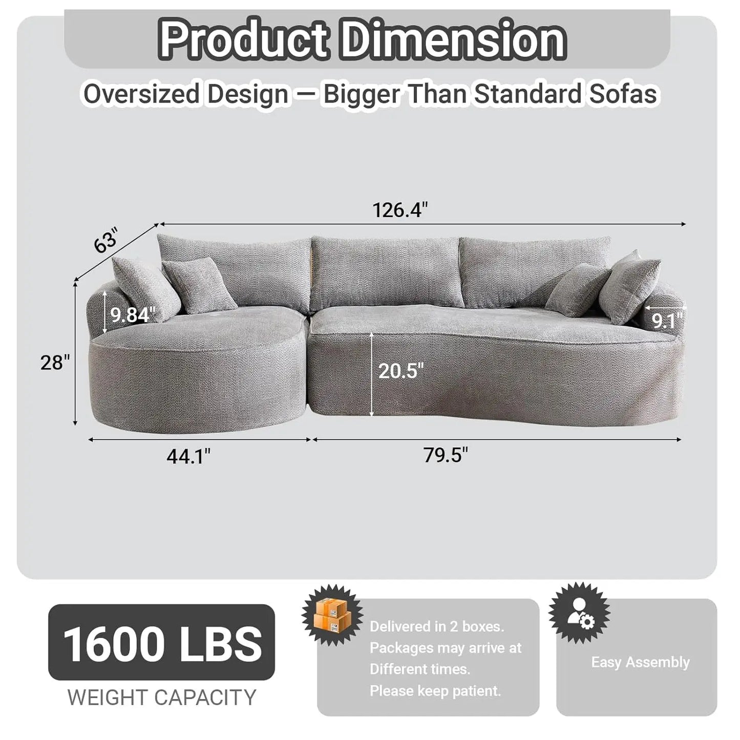 L-Shaped Sofa Sectional Couch With Curved Seat Design And 7 Pillows Customized