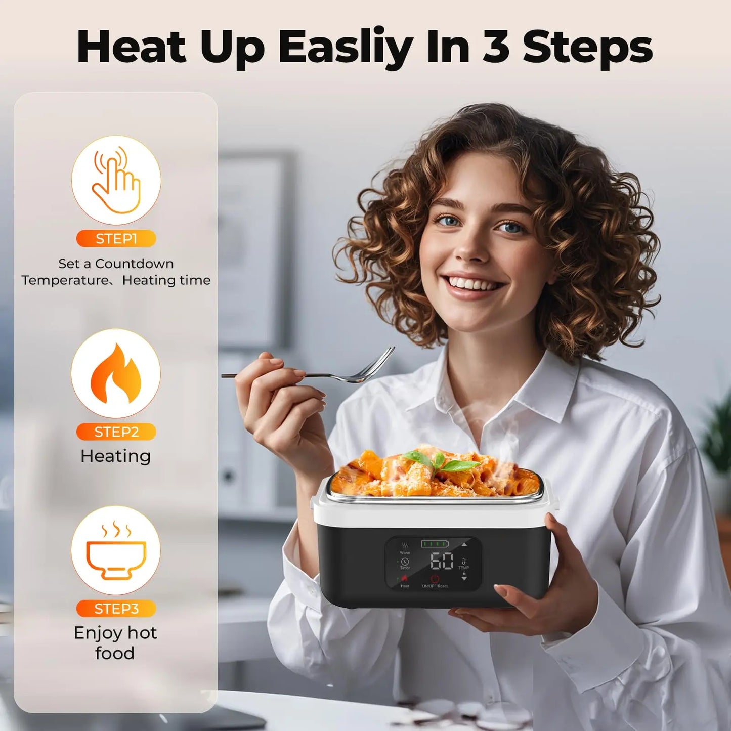 Wireless Insulated Lunch Box 1L Stainless Steel Warmer 60W 8000mAh