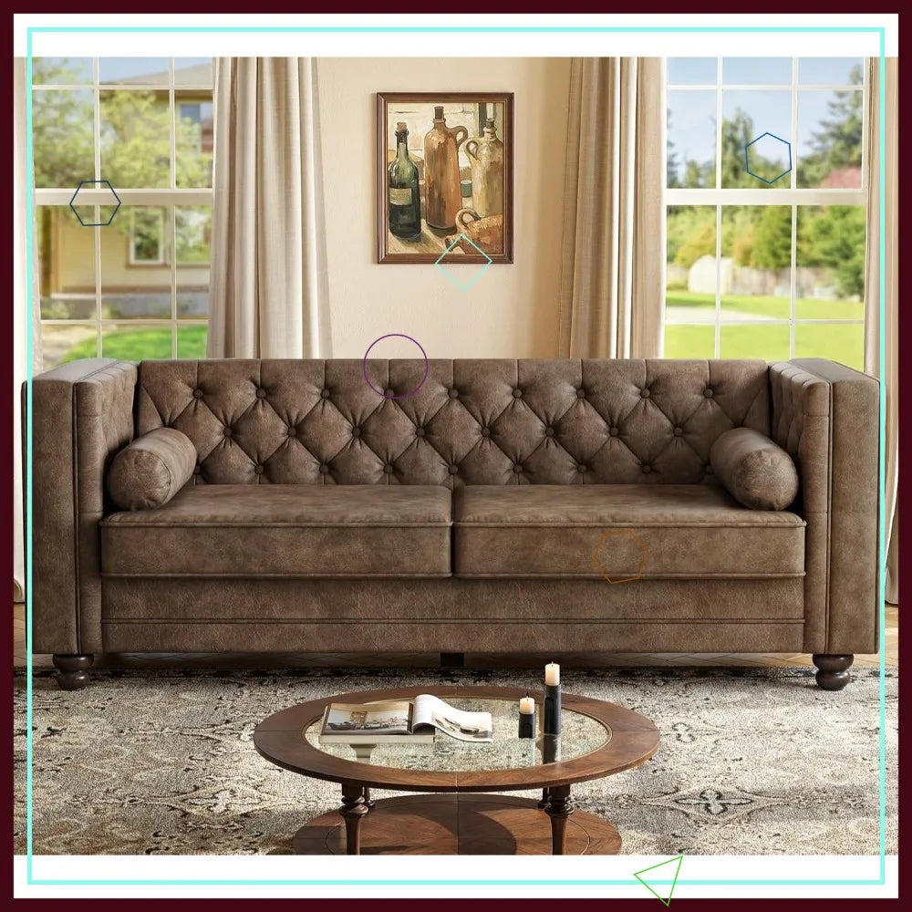 Chesterfield Faux Leather Sofa Mid-Century Modern With Deep Seat