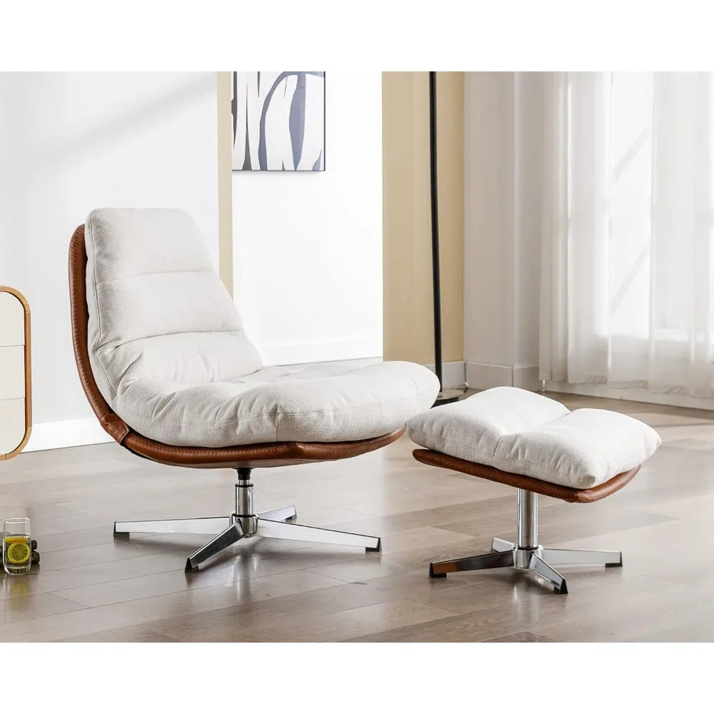 RBXC Modern Swivel Accent Chair With Ottoman Set Linen Upholstered
