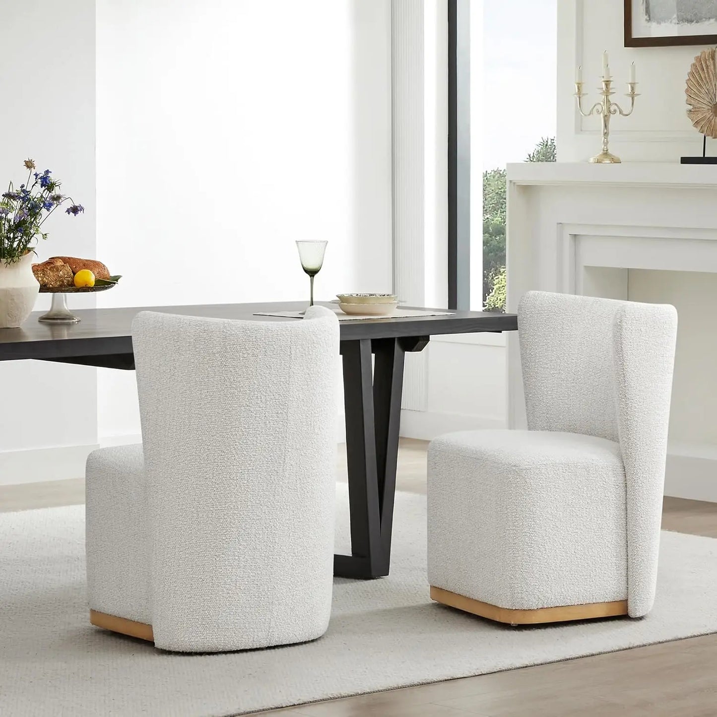 Upholstered Rolling Dining Chair on Casters Set of 2, FSC Certified Modern Fabric Dining Chair with Casters, Boucle, Customized