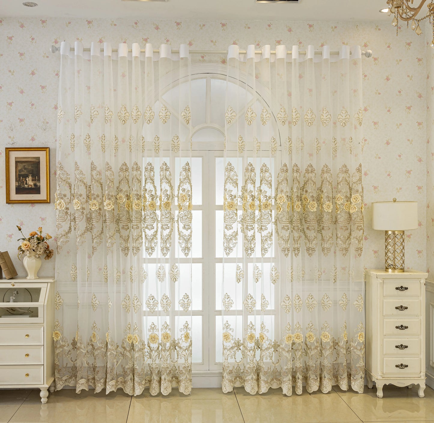 Luxurious 3D Embroidered Translucent Gauze Curtain For Bedroom