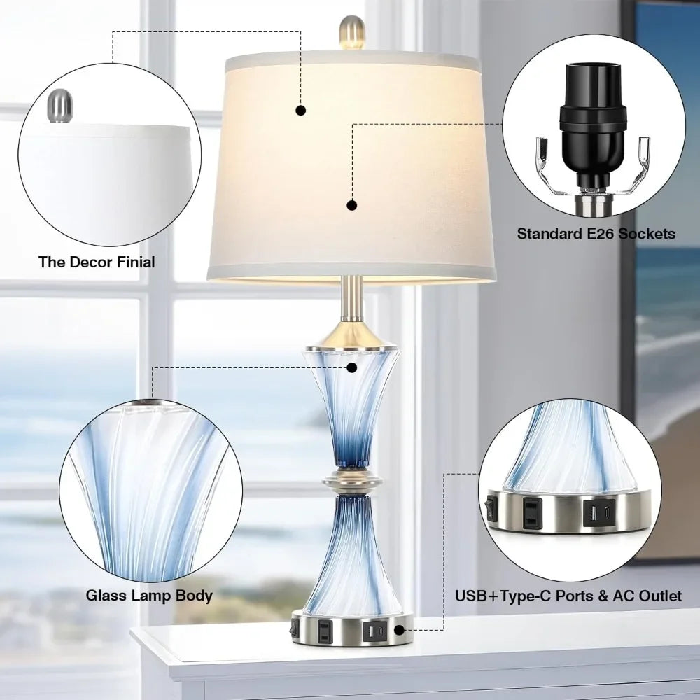XMSJ Glass Table Lamps With USB Ports And AC Outlet