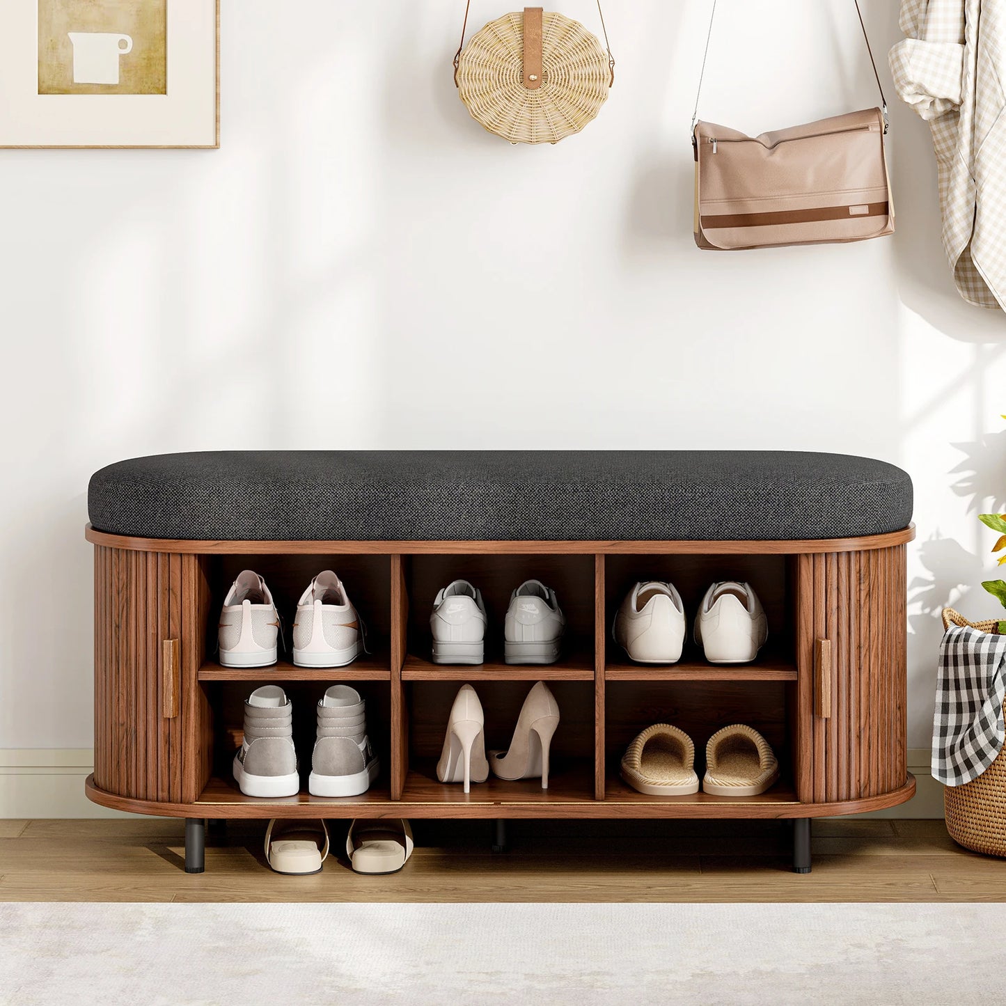 Shoe Bench 3 Tier Organizer With Cushion And Sliding Door