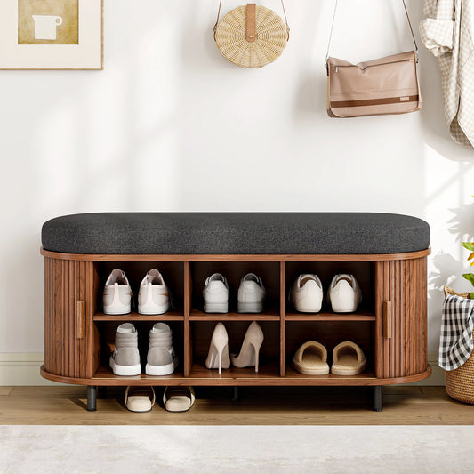 Shoe Bench 3 Tier Organizer With Cushion And Sliding Door