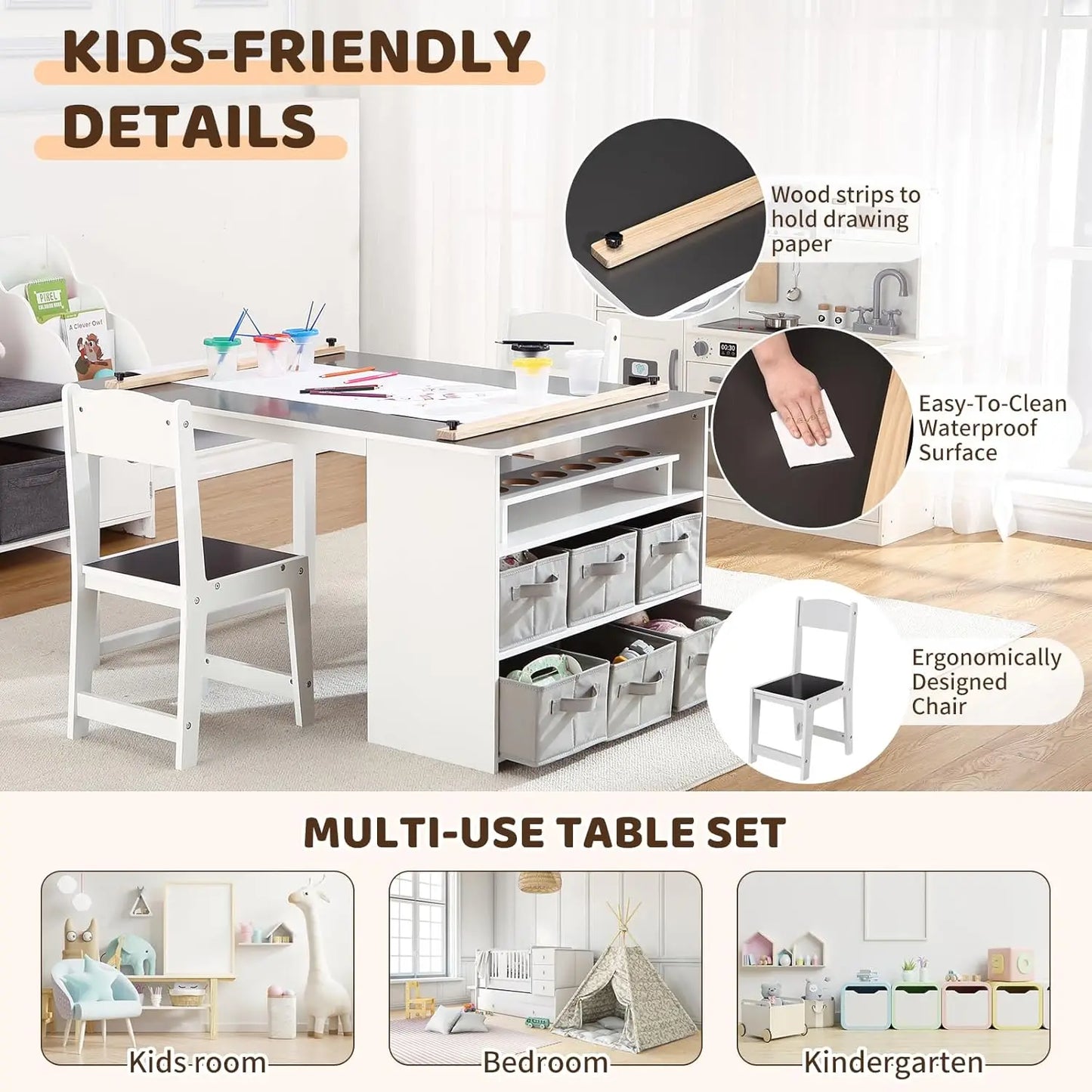 4 In 1 Kids Art Table and Chair Set Toddler Craft Storage Desk with Art Supply Organizer,Drawing Desk,Activity and Study Table