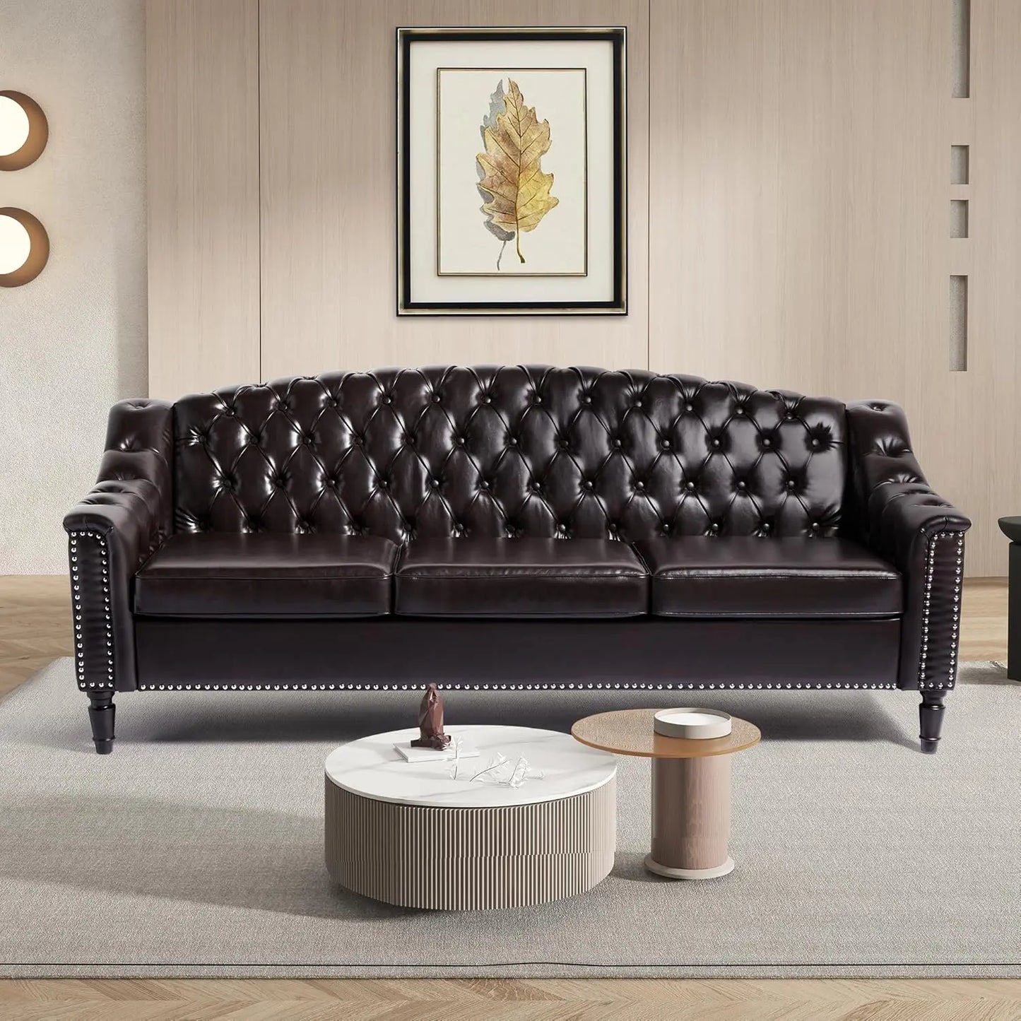 HUANZHUANG Mid Century Modern Leather Sofa Chesterfield Sleeper