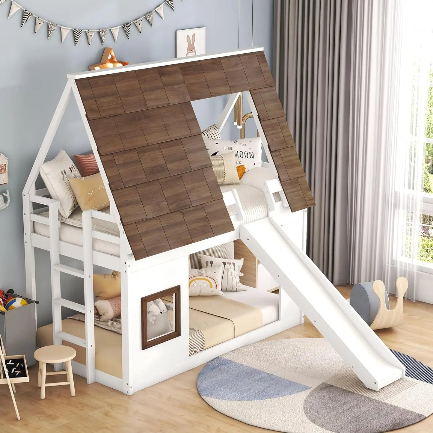 XMSJ Twin Over Twin Bunk Bed With Rooftop And Slide