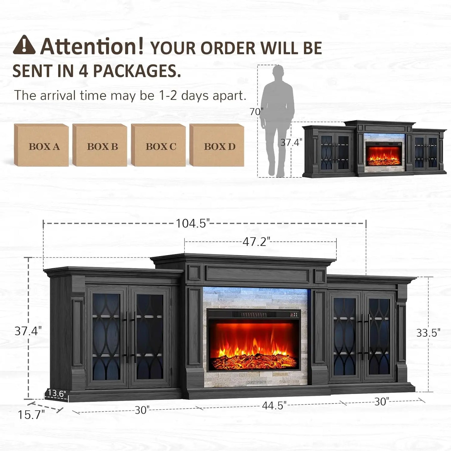 Fireplace TV Stand Electric Mantel With Cabinets Tempered Glass Doors